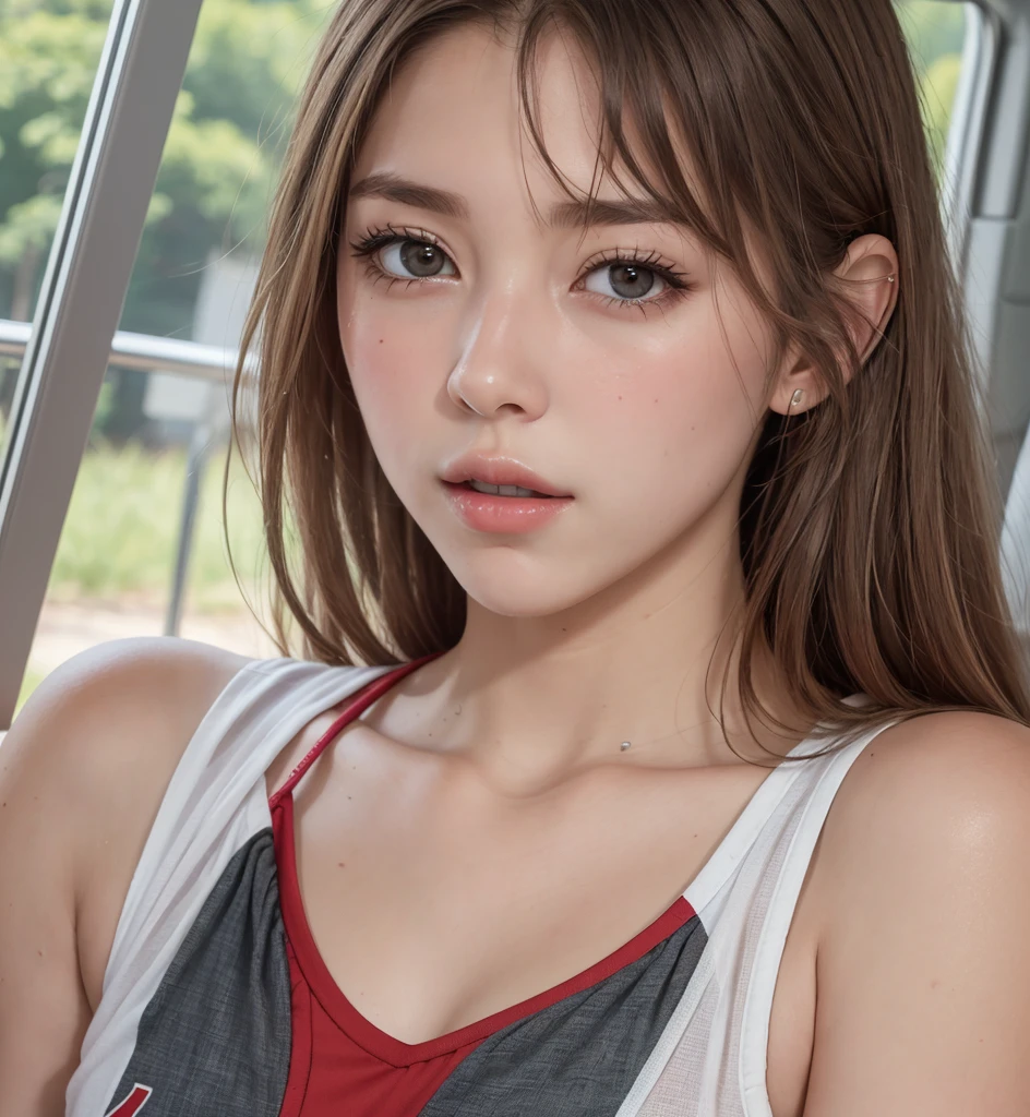 (Full Body Photo), 8k, FHD, ((Ultra Res)) (Real Face: 1.2), (Light and Vivid Colors) (Real Skin Texture), (Masterpiece), (Best Quality), (Natural Skin , soft and pale), red hair that shows one ear). (bright, vibrant, detailed gray eyes). (Expressive eyes with extreme details. , , natural lighting, masterpiece, highly detailed, illustration, game CG, absurdres, high quality, hug, glossy lips, looking at viewer, cheerleader, in bus