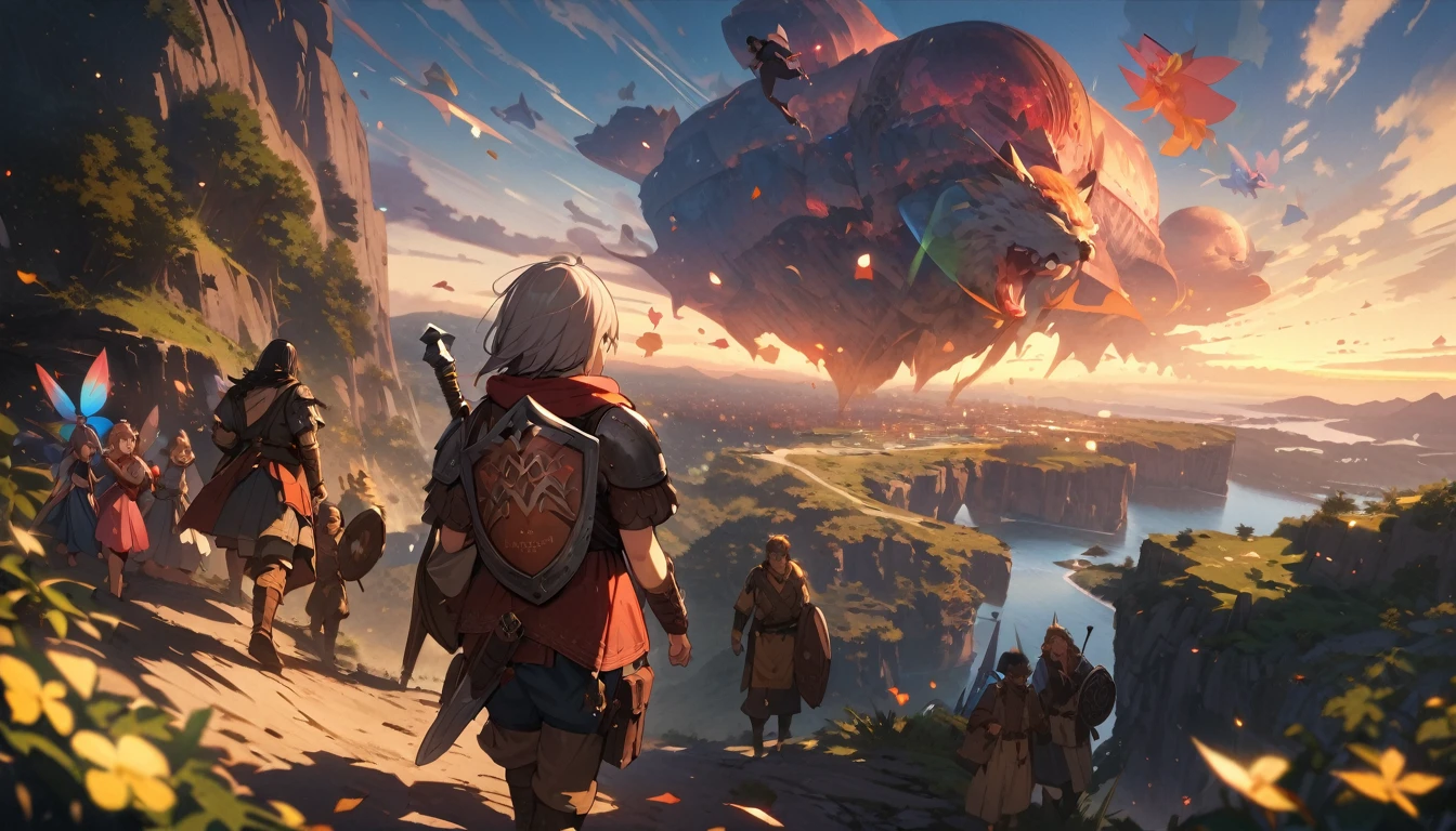 (masterpiece:1.4), (Highest quality:1.4), Very detailed, Complex, Very detailed, shape,Soft lighting, Scenic, More than one personで走り出そうとしている, Hopeful Face, smile, More than one person, Mixed gender, a group of adventurers, character from RPG games, (character: human, Fairy, Fairy, Dwarf, The Hobbit), (exterior: Swordsman Style, Shaman Style, Monk Style, Magician style), (belongings: Long sword, dagger, Holy Staff, Magic wand, shield, metal armor, Leather Armor), Perfectly accurate anatomical shape、All limbs intact、Perfect full finger, Colorful characters, A landscape colored in earth tones, Huge, Majestic, Running towards tomorrow々, Uplifting expressions, みんなのsmileが素晴らしい.