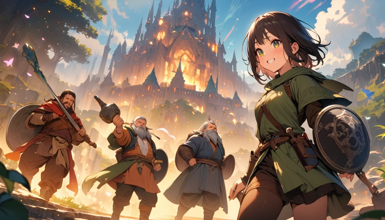 (masterpiece:1.4), (Highest quality:1.4), Very detailed, Complex, Very detailed, shape,Soft lighting, Scenic, More than one personで走り出そうとしている, Hopeful Face, smile, More than one person, Mixed gender, a group of adventurers, character from RPG games, (character: human, Fairy, Fairy, Dwarf, The Hobbit), (exterior: Swordsman Style, Shaman Style, Monk Style, Magician style), (belongings: Long sword, dagger, Holy Staff, Magic wand, shield, metal armor, Leather Armor), Perfectly accurate anatomical shape、All limbs intact、Perfect full finger, Colorful characters, A landscape colored in earth tones, Huge, Majestic, Running towards tomorrow々, Uplifting expressions, みんなのsmileが素晴らしい.