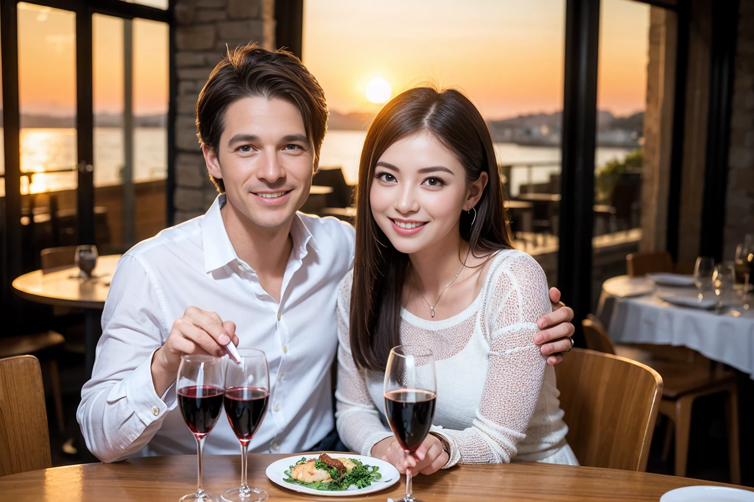 ((Highest quality、8K、masterpiece:1.3))、1 male、1 female、spouse、Beautiful couple、smile、full-course dinner、 (Slim face), (the body is スリム), (Brown Hair), (Shortcuts), ((Bob Hale、Straight hair:1.2)), テーブルの上のwine glass、Put the light on your face、 Amazing view of the sunset sky and clouds、smileの美しさ、Bright image、Blushing, Shortcuts, (Age 35), 39 years old, Appetizers、Italian food、Wine bottle、Champagne、sparkling wine、Long sleeve shirt、dress、Attractive beauty、restaurant, Nova Frog Style, actress, model, Upper Body, White wine, red wine, wine glass, 