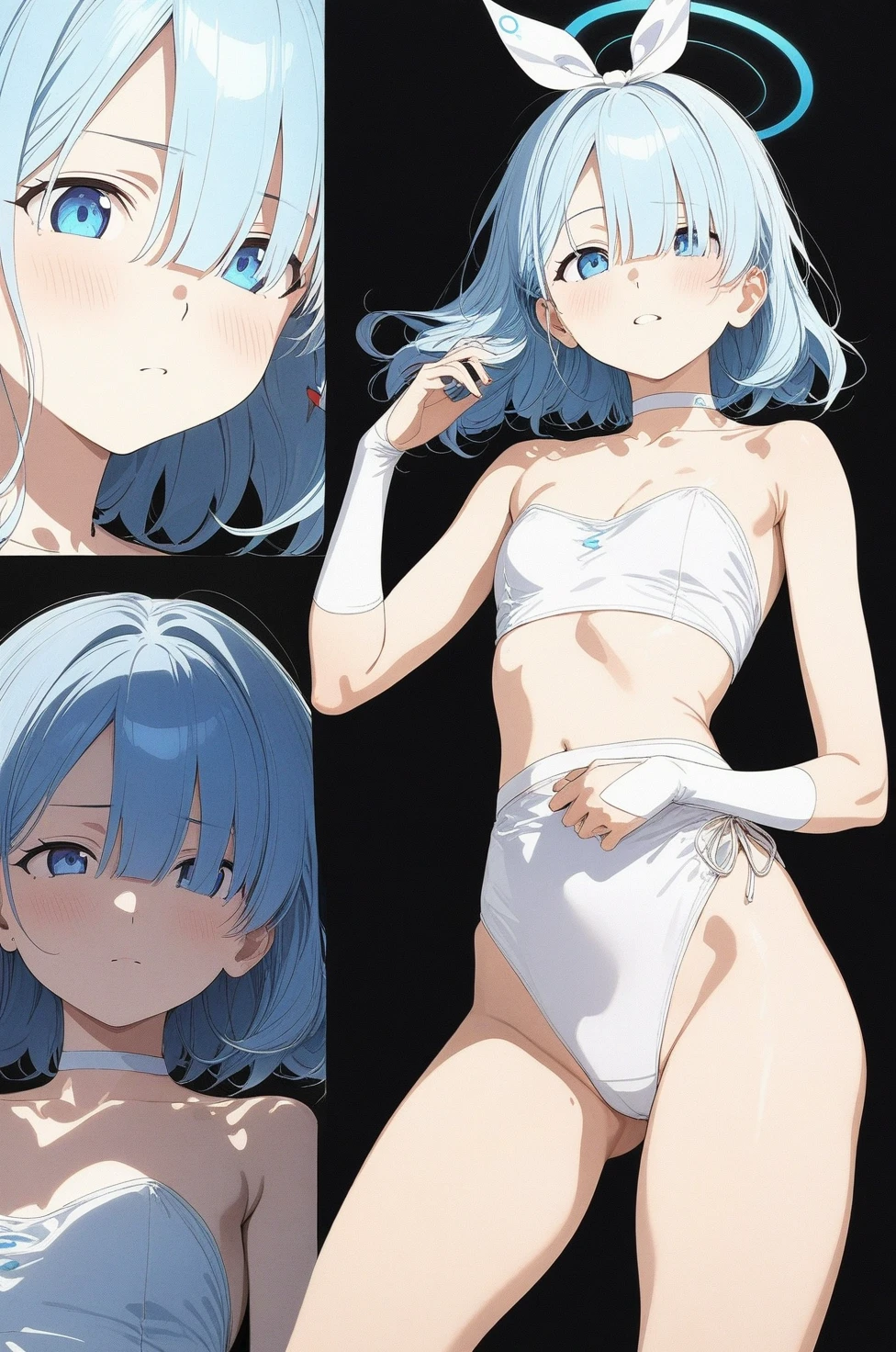 best quality, amazing quality, very aesthetic, absurdres, 1girl, arona (blue archive), blue archive, blue eyes, strapless, (artist official art:1.5), (realistic face), (narrowed eyes), (cowboy shot), (concept art:1.5), panties, (thigh), expressive eyes, perfect face, 4k, extremely detailed anime illustration, extremely detailed eyes, enhanced details, perfect anatomy, light rays, photo background, extremely delicate body, smooth skin, feminine expression, (black background:1.5), cristal clear eyes, beautiful face,