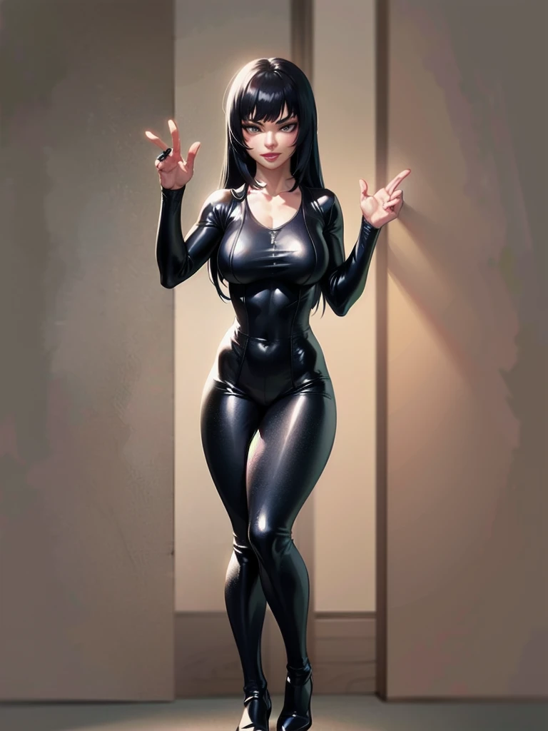 A beautiful detailed woman with long flowing black hair, piercing eyes, a sharp nose, and full lips, wearing a sleek black bodysuit, standing with a confident pose against a simple background, lineart,solo,fullbody,fitgirl,normal pose,standing,sfw