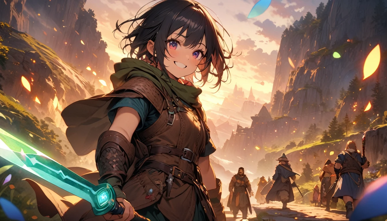(masterpiece:1.4), (Highest quality:1.4), Very detailed, Complex, Very detailed, shape,Soft lighting, Scenic, More than one personで走り出そうとしている, Hopeful Face, smile, More than one person, Mixed gender, a group of adventurers, character from RPG games, (character: human, Fairy, Fairy, Dwarf, The Hobbit), (exterior: Swordsman Style, Shaman Style, Monk Style, Magician style), (belongings: Long sword, dagger, Holy Staff, Magic wand, shield, metal armor, Leather Armor), Perfectly accurate anatomical shape、All limbs intact、Perfect full finger, Colorful characters, A landscape colored in earth tones, Huge, Majestic, Running towards tomorrow々, Uplifting expressions, みんなのsmileが素晴らしい.