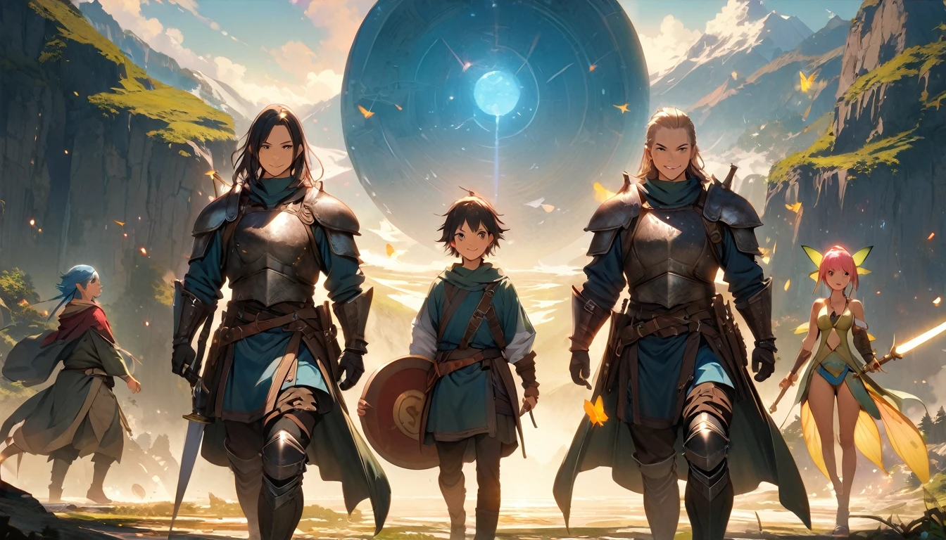 (masterpiece:1.4), (Highest quality:1.4), Very detailed, Complex, Very detailed, shape,Soft lighting, Scenic, More than one personで走り出そうとしている, Hopeful Face, smile, More than one person, Mixed gender, a group of adventurers, character from RPG games, (character: human, Fairy, Fairy, Dwarf, The Hobbit), (exterior: Swordsman Style, Shaman Style, Monk Style, Magician style), (belongings: Long sword, dagger, Holy Staff, Magic wand, shield, metal armor, Leather Armor), Perfectly accurate anatomical shape、All limbs intact、Perfect full finger, Colorful characters, A landscape colored in earth tones, Huge, Majestic, Running towards tomorrow々, Uplifting expressions, みんなのsmileが素晴らしい.