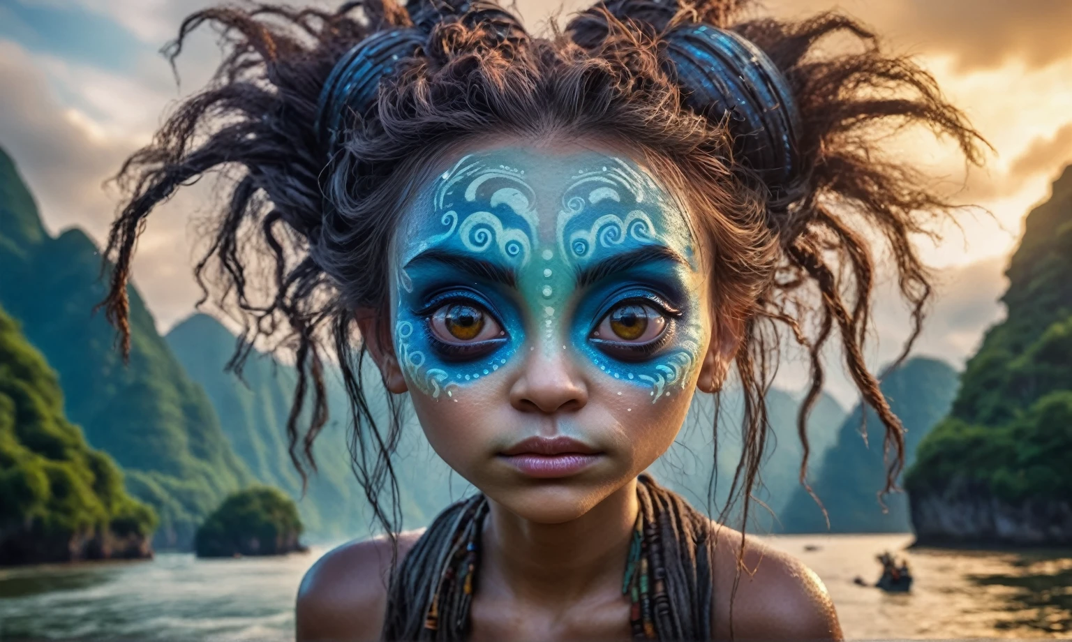 view from height,full-body-shot,niobium The Alien Entity Moana, sassiness temper,natural skin textures, hyper realisitc, hyper detailed,Extremely detailed,High contrast, ,Realistic,Ultra Detailed,intricate details,realistic humid skin,extremely intricate,Epic Realistic, Romantic, cinematic style,irina yermolova, messy hair,luminous eyes,extremely detailed, [night landscape],masterpiece,intricate details,faded,eyes extremely detailed, high detailed eyes,32k resolution, Nikon Z9,orc's village of fishers on Li River in  National Forest Park,full body length,mother-of-bismuth TAUN WE from star wars,ominous landscape,flying islands on background in dangerous atmosphere,intricate details,realistic humid skin,extremely intricate details,anatomically correct,faded,eyes extremely detailed, high detailed eyes,UHD,Retina,HDR,natural skin textures, hyper realism, hyper detailed,High contrast,Realism,Ultra Detailed,irina yermolova,close full body shot, masterpiece,faded,32k resolution, Nikon Z9,sunset, a Tim Burton-inspired dreamscape,Bun Hair,(Folk clothes:1.5)