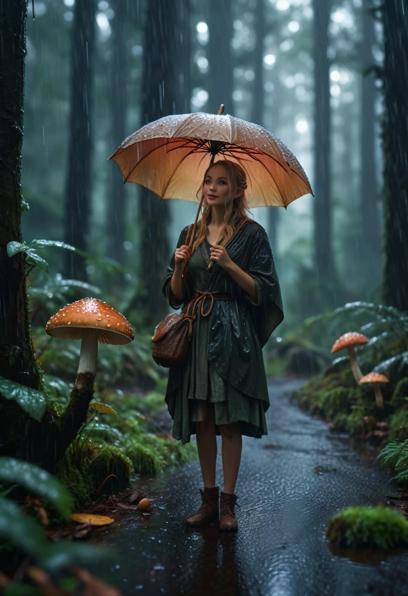 detailed, 8K, Movie angle, in the rain、A fairy woman holding a mushroom umbrella stands in the forest。. 