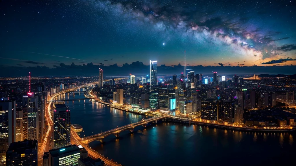 Wonderful landscape、Highest quality、Cityscape、Including sky、Starry Sky、night、Big Moon、Moonlit cityscape、building、There are no people, Makoto Shinkai's Worldview, 8K quality, Neon glows, Breathtakingly beautiful scenery,