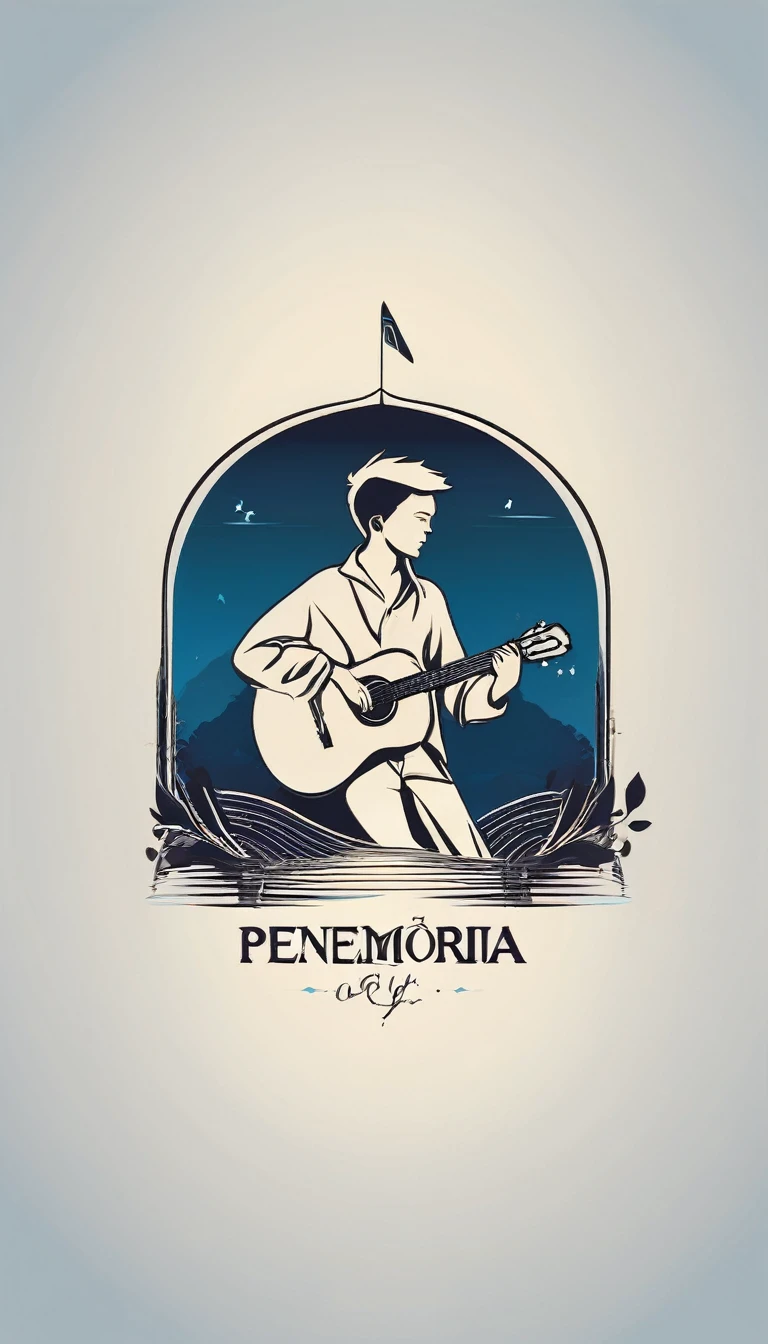 A minimal, modern, simple, cinematic logo design for the brand “Penamemoria". The logo design must be a simple, silhouette of a boy, standing up, playing acoustic guitar and fantasy feather by his side. The logo must convey a sense of music, stories, memories and dreams. Logo design impressed on a book cover. Minimalistic logo. Light blue, white and soft golden as colors for the logo design