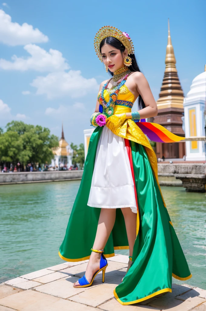 Beautiful sexy woman, beautiful avant garde style, full length , beautiful clothes ,accessories , Traditional Thai Costumes collaboration with pride month, fashion design,colorful,use water colors,drawing