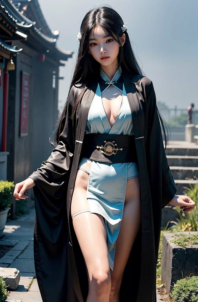 masterpiece, Highest quality,Realistic,Best Shadow, delicate, born,(1 Girl,cute, Black Hair,very Long Hair),(loong midair, flight,Looking into the camera,fog深い,fog, ), Dark clouds cover the sky,fog深い , Cloudy (Sexy Chinese Taoist Woman (Long Hair,Sexy Taoist Robe ) ) ,