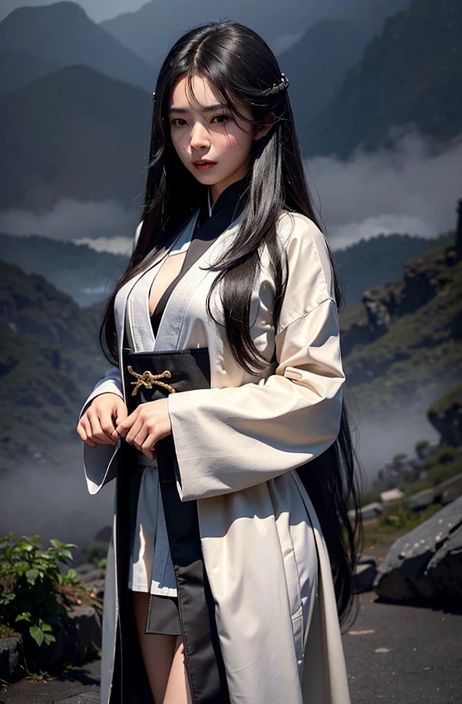 masterpiece, Highest quality,Realistic,Best Shadow, delicate, born,(1 Girl,cute, Black Hair,very Long Hair),(loong midair, flight,Looking into the camera,fog深い,fog, ), Dark clouds cover the sky,fog深い , Cloudy (Sexy Chinese Taoist Woman (Long Hair,Sexy Taoist Robe ) ) , 