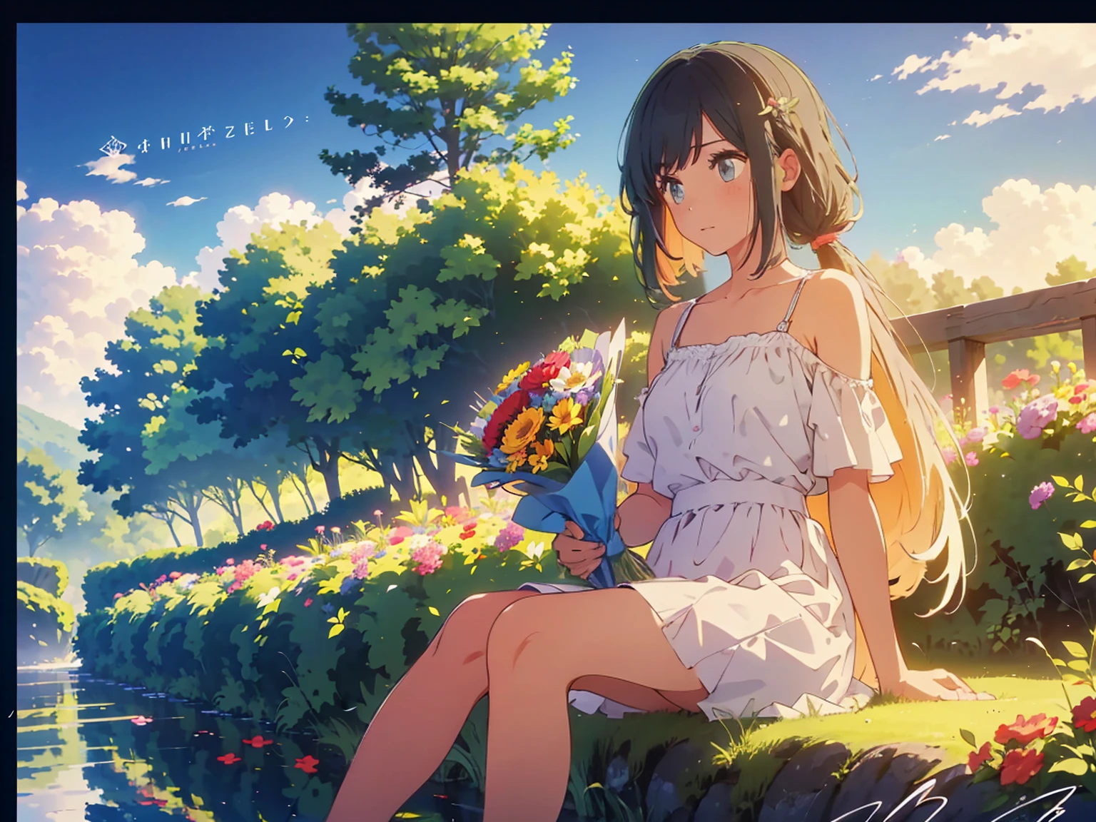 best quality, masterpiece, illustration, (reflection light), incredibly absurdres, ((Movie Poster), (signature:1.3), (English text), 1girl, girl middle of flower, pure sky,yellow hair, red eyes, twintails,clear sky, outside, collarbone, sitting, absurdly long hair, clear boundaries of the cloth, white dress, fantastic scenery, ground of flowers, thousand of flowers, colorful flowers, flowers around her, various flowers,bare shoulders,skirt, sandals,