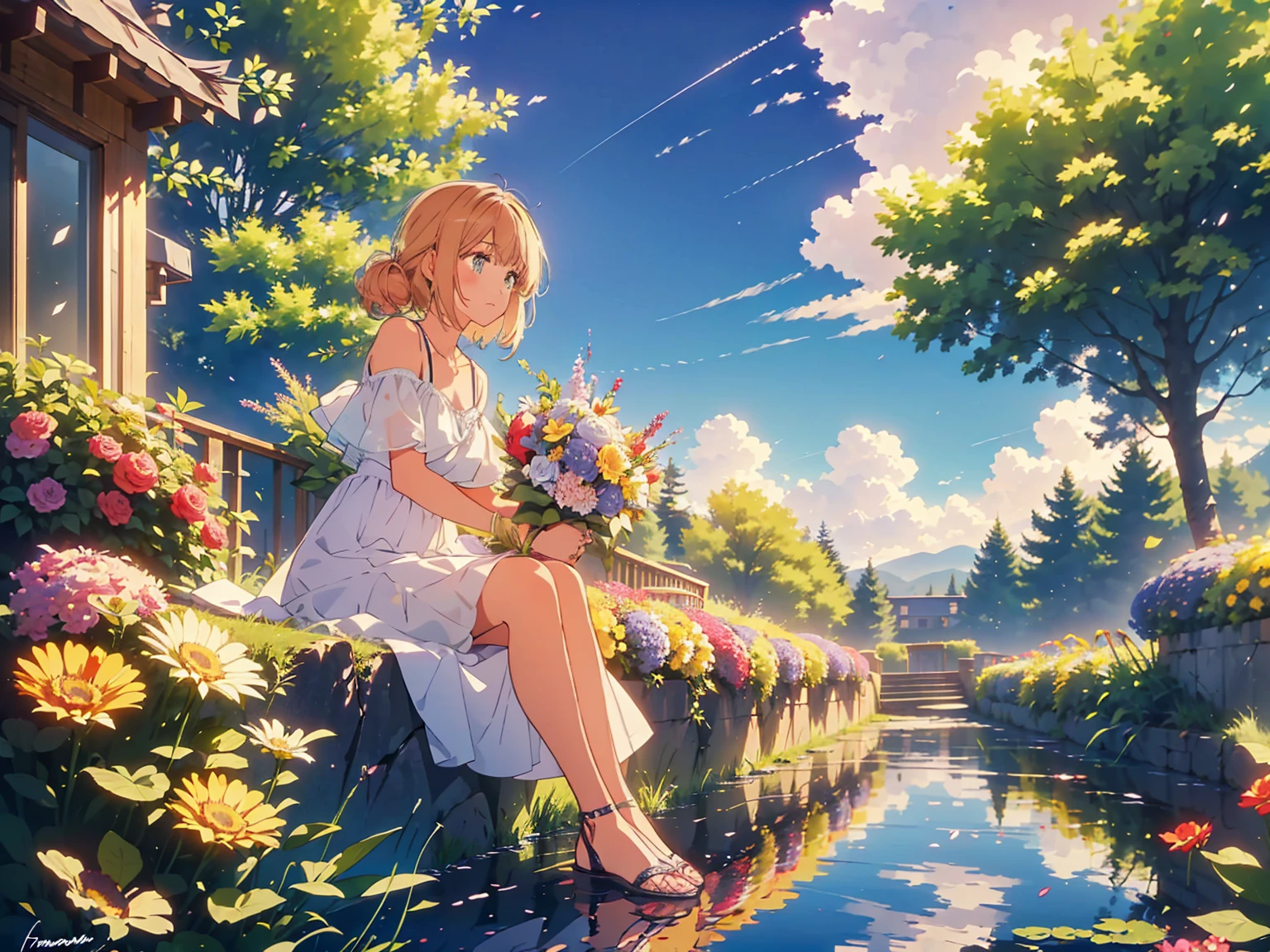 best quality, masterpiece, illustration, (reflection light), incredibly absurdres, ((Movie Poster), (signature:1.3), (English text), 1girl, girl middle of flower, pure sky,yellow hair, red eyes, twintails,clear sky, outside, collarbone, sitting, absurdly long hair, clear boundaries of the cloth, white dress, fantastic scenery, ground of flowers, thousand of flowers, colorful flowers, flowers around her, various flowers,bare shoulders,skirt, sandals,