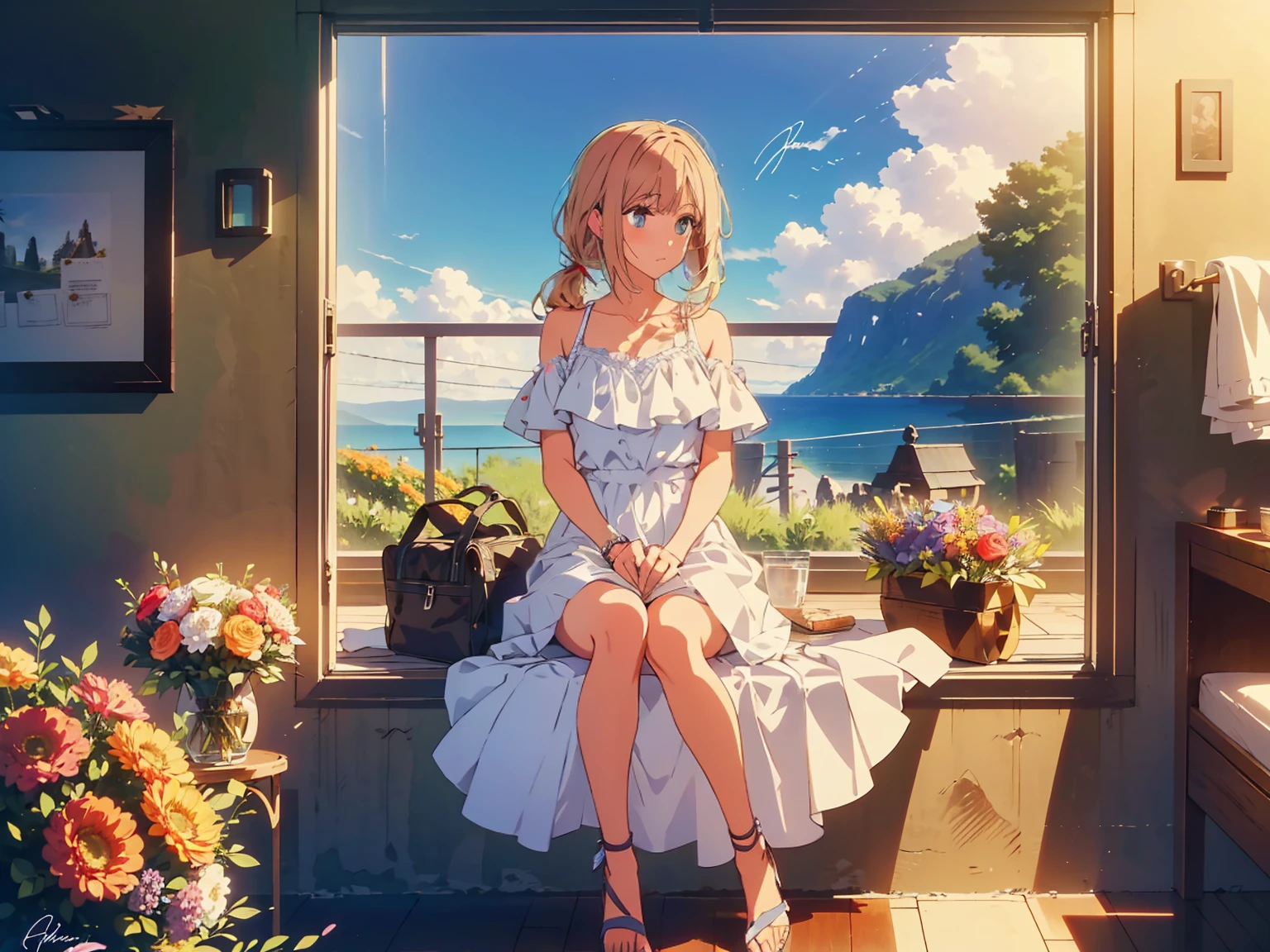 best quality, masterpiece, illustration, (reflection light), incredibly absurdres, ((Movie Poster), (signature:1.3), (English text), 1girl, girl middle of flower, pure sky,yellow hair, red eyes, twintails,clear sky, outside, collarbone, sitting, absurdly long hair, clear boundaries of the cloth, white dress, fantastic scenery, ground of flowers, thousand of flowers, colorful flowers, flowers around her, various flowers,bare shoulders,skirt, sandals,