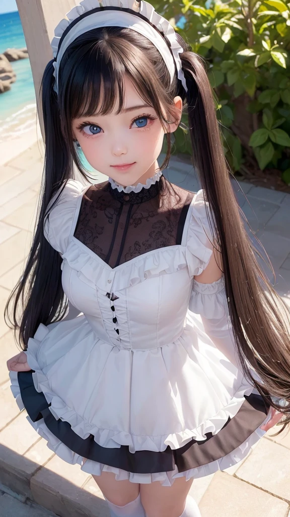 ((masterpiece)), ((highest quality、Ultra high definition)), (Very detailed),8K、Photo quality、((Amazingly cute girl)),( -yeld gi, Two people, , (Beautiful emerald blue eyes), ((smile)),In the open-air bath overlooking the sea, Beautifully arranged black hair in twin tails、whole body、((Super high-end white see-through summer gothic lolita maid costume、A super mini skirt with lots of frills))、Professional Lighting、(White lace knee-highore detailed and beautiful)、(More details and cutenesore realistic)、(((ウインクしている)))、