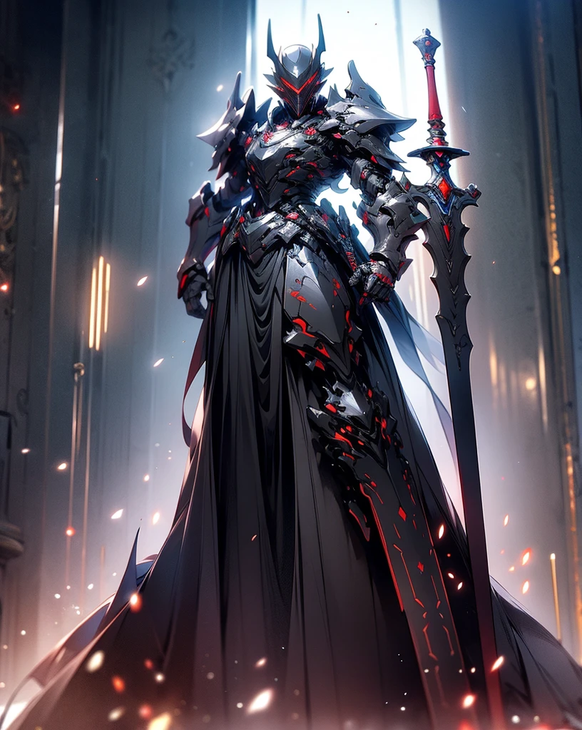 anime character with sword standing in front of a building, fallen knight, from arknights, gothic knight, evil knight, the style of wlop, fantasy knight, knight, royal emperor, dark souls knight, off-white plated armor, wearing heavy armor with cape, black heavy armor with gold trim, smooth anime cg art, artorias, glowing sword, (perfect figure)