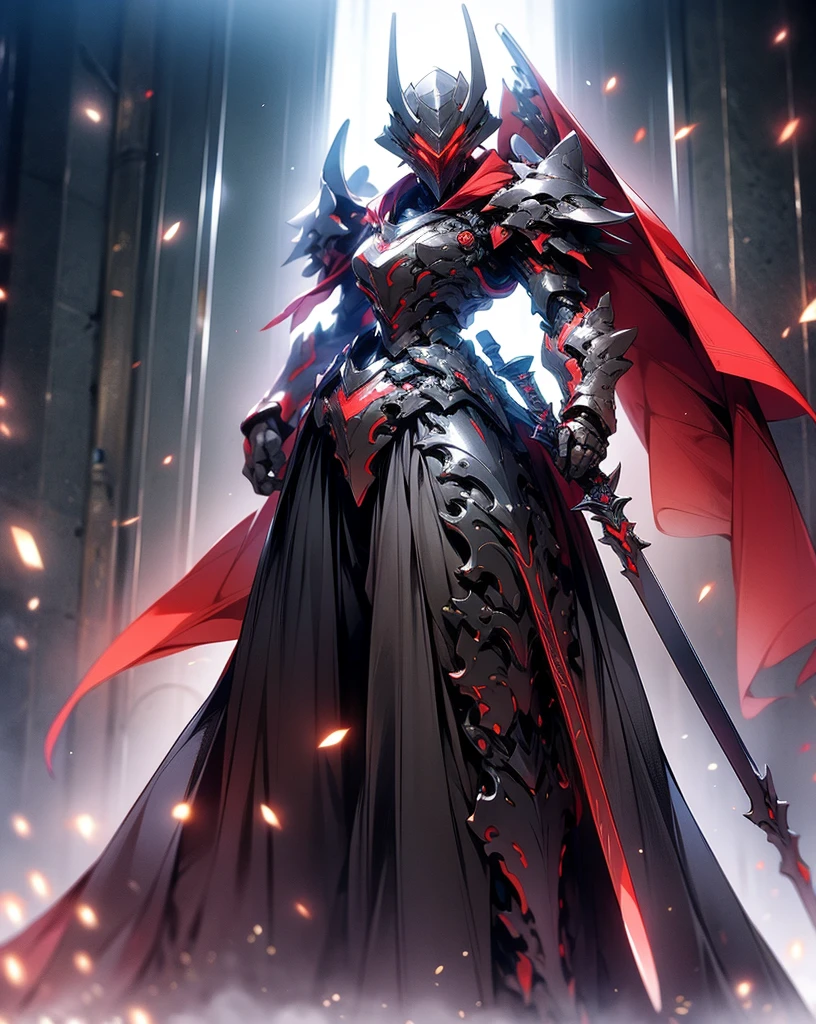 anime character with sword standing in front of a building, fallen knight, from arknights, gothic knight, evil knight, the style of wlop, fantasy knight, knight, royal emperor, dark souls knight, off-white plated armor, wearing heavy armor with cape, black heavy armor with gold trim, smooth anime cg art, artorias, glowing sword, (perfect figure)