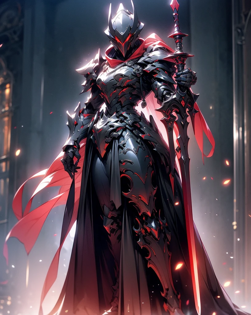 anime character with sword standing in front of a building, fallen knight, from arknights, gothic knight, evil knight, the style of wlop, fantasy knight, knight, royal emperor, dark souls knight, off-white plated armor, wearing heavy armor with cape, black heavy armor with gold trim, smooth anime cg art, artorias, glowing sword, (perfect figure)