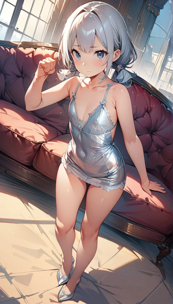 (masterpiece:1.8),(Highest quality:1.8),(Very detailed:1.8),(8K:1.8),(Ultra-fine Illustration:1.5),,,Straight low twintail,Flat Chest,Small Ass,(High-grade metallic silver,,lingerie:1.4),(Prayer Pose:1.5),Vintage sofa,,(Full body angle), Gauze dress