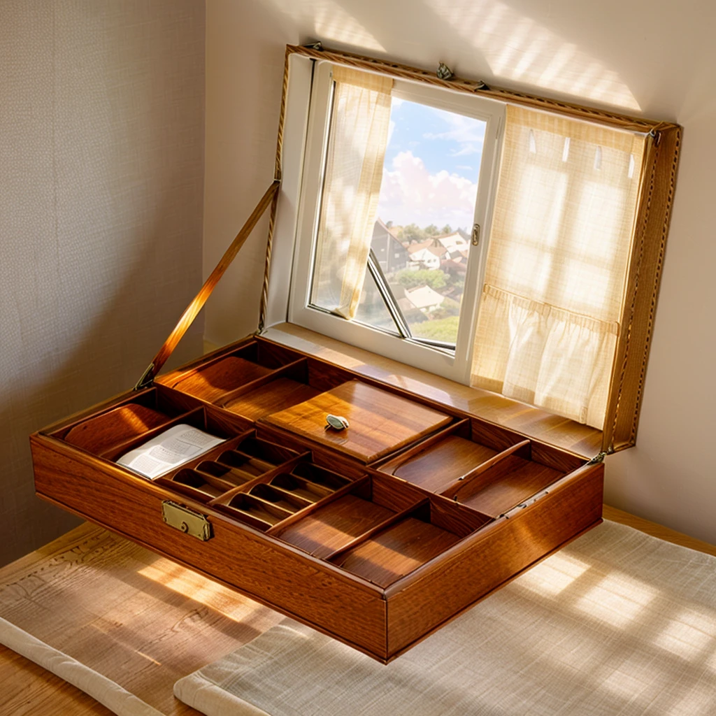 In this cozy room，A ray of sunlight shone through the half-drawn curtains on the table，Let the wood grain on the watch storage box shine with a faint luster。There was a calm and peaceful atmosphere in the air around them。There are several still lifes hanging on the walls of the room，It adds a touch of elegance to the space。And on the other side of the room，The half-open window lets in the breeze，The pages on the small desk by the window turned in the wind，This quiet scene gives a sense of tranquility and comfort。

