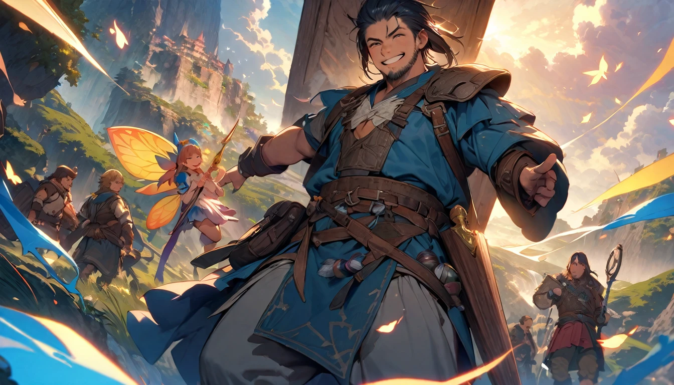 (masterpiece:1.4), (Highest quality:1.4), Very detailed, Complex, Very detailed, shape,Soft lighting, Scenic, More than one personで走り出そうとしている, Hopeful Face, smile, More than one person, Mixed gender, a group of adventurers, character from RPG games, (character: human, Fairy, Fairy, Dwarf, The Hobbit), (exterior: Swordsman Style, Shaman Style, Monk Style, Magician style), (belongings: Long sword, dagger, Holy Staff, Magic wand, shield, metal armor, Leather Armor), Perfectly accurate anatomical shape、All limbs intact、Perfect full finger, Colorful characters, A landscape colored in earth tones, Huge, Majestic, Running towards tomorrow々, Uplifting expressions, みんなのsmileが素晴らしい.