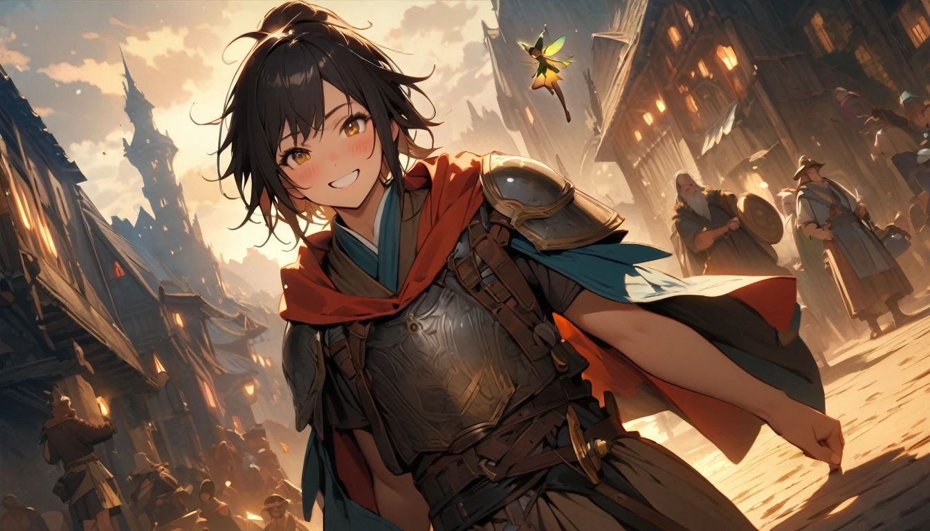 (masterpiece:1.4), (Highest quality:1.4), Very detailed, Complex, Very detailed, shape,Soft lighting, Scenic, More than one personで走り出そうとしている, Hopeful Face, smile, More than one person, Mixed gender, a group of adventurers, character from RPG games, (character: human, Fairy, Fairy, Dwarf, The Hobbit), (exterior: Swordsman Style, Shaman Style, Monk Style, Magician style), (belongings: Long sword, dagger, Holy Staff, Magic wand, shield, metal armor, Leather Armor), Perfectly accurate anatomical shape、All limbs intact、Perfect full finger, Colorful characters, A landscape colored in earth tones, Huge, Majestic, Running towards tomorrow々, Uplifting expressions, みんなのsmileが素晴らしい.