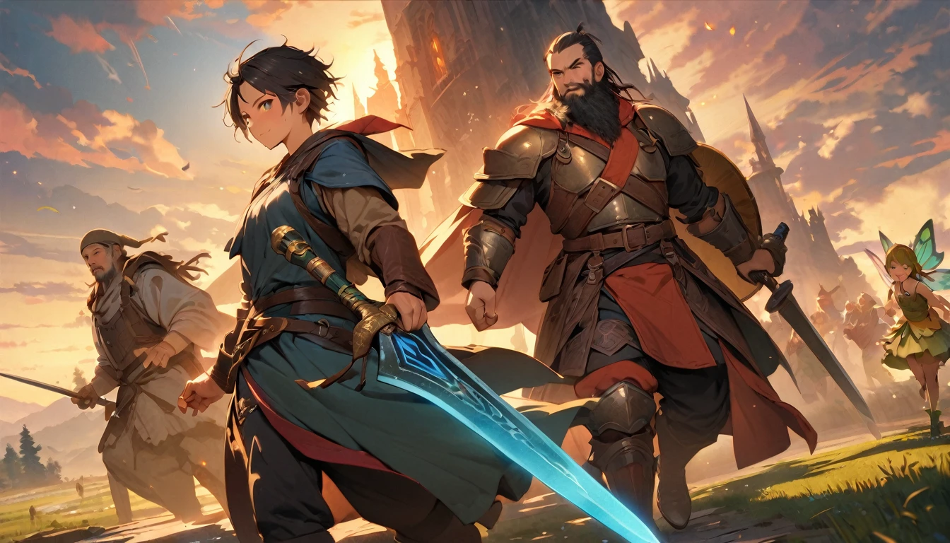 (masterpiece:1.4), (Highest quality:1.4), Very detailed, Complex, Very detailed, shape,Soft lighting, Scenic, More than one personで走り出そうとしている, Hopeful Face, smile, More than one person, Mixed gender, a group of adventurers, character from RPG games, (character: human, Fairy, Fairy, Dwarf, The Hobbit), (exterior: Swordsman Style, Shaman Style, Monk Style, Magician style), (belongings: Long sword, dagger, Holy Staff, Magic wand, shield, metal armor, Leather Armor), Perfectly accurate anatomical shape、All limbs intact、Perfect full finger, Colorful characters, A landscape colored in earth tones, Huge, Majestic, Running towards tomorrow々, Uplifting expressions, みんなのsmileが素晴らしい.