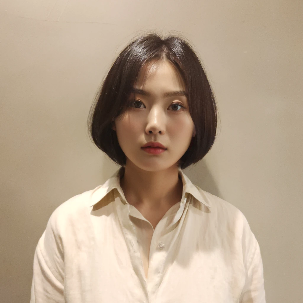 Best Quality, 8k, Masterpiece, (Portrait: 1.3), (photo realistic:1.4), (hyper realistic:1.4), Sharp Focus, looking at viewer, (smoother lighting:1.1), (increase cinematic lighting quality:0.9), realistic lighting, backlighting, light on face, ray trace, (brightening light:1.2), (Increase quality:1.4), sharp detail, (best quality real texture skin:1.4), finely detailed eyes, black_eyes, finely detailed face, 25 year old Korean woman
