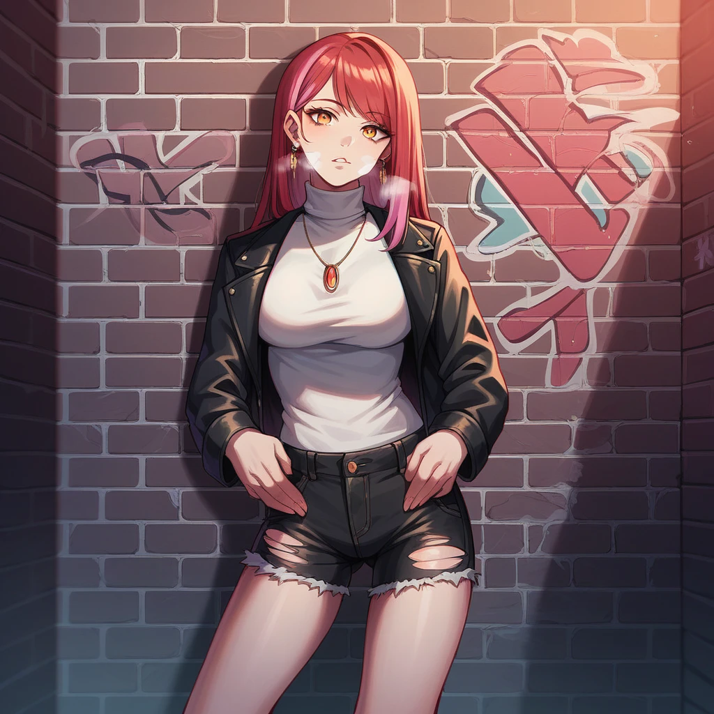 (masterpiece, best quality, 1 girl, solo, intricate details, chromatic aberration), realistic, ((medium breath)),long hair, red hair, red decoration on the head, pink highlights, amber eyes, earrings, sharp eyes, necklace, neon shirt, ripped shorts, unbuttoned jacket, turtleneck, night, against the wall, brick wall, graffiti, dim lighting, alley, look at the viewer