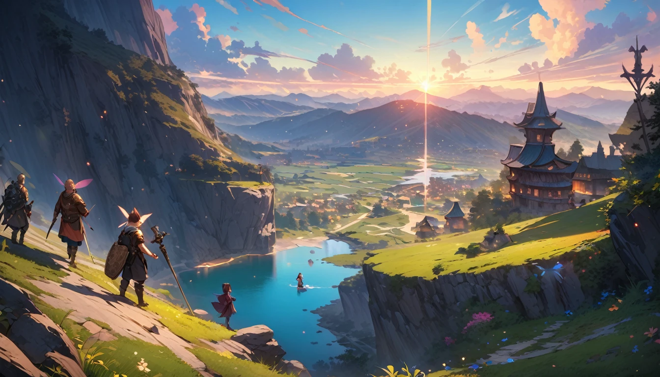 (masterpiece:1.4), (Highest quality:1.4), Very detailed, Complex, Very detailed, shape,Soft lighting, Scenic, More than one personで走り出そうとしている, Hopeful Face, smile, More than one person, Mixed gender, a group of adventurers, character from RPG games, (character: human, Fairy, Fairy, Dwarf, The Hobbit), (exterior: Swordsman Style, Shaman Style, Monk Style, Magician style), (belongings: Long sword, dagger, Holy Staff, Magic wand, shield, metal armor, Leather Armor), Perfectly accurate anatomical shape、All limbs intact、Perfect full finger, Colorful characters, A landscape colored in earth tones, Huge, Majestic, Running towards tomorrow々, Uplifting expressions, みんなのsmileが素晴らしい.