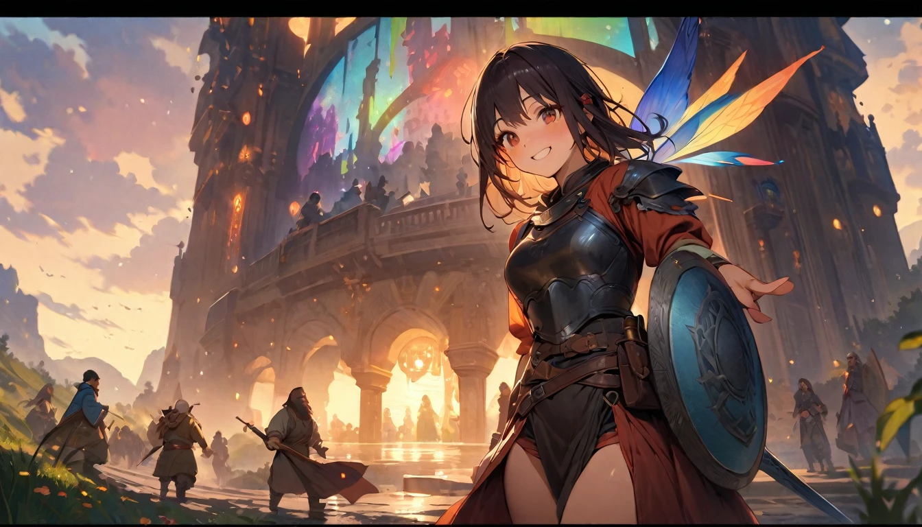 (masterpiece:1.4), (Highest quality:1.4), Very detailed, Complex, Very detailed, shape,Soft lighting, Scenic, More than one personで走り出そうとしている, Hopeful Face, smile, More than one person, Mixed gender, a group of adventurers, character from RPG games, (character: human, Fairy, Fairy, Dwarf, The Hobbit), (exterior: Swordsman Style, Shaman Style, Monk Style, Magician style), (belongings: Long sword, dagger, Holy Staff, Magic wand, shield, metal armor, Leather Armor), Perfectly accurate anatomical shape、All limbs intact、Perfect full finger, Colorful characters, A landscape colored in earth tones, Huge, Majestic, Running towards tomorrow々, Uplifting expressions, みんなのsmileが素晴らしい.