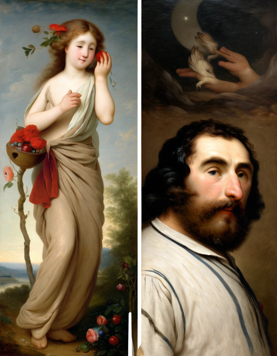 the moonlight in bloom, mythical trees, painting, in the style of bay area figurative art, orange, realist figure painting, landscapes in motion, whistlerian, phoenician art, crimson and blue, horror, epic fantasy, (Oil painting) (by Jean-François Millet), (by Gustave Courbet) , (by Jules Breton), close up
