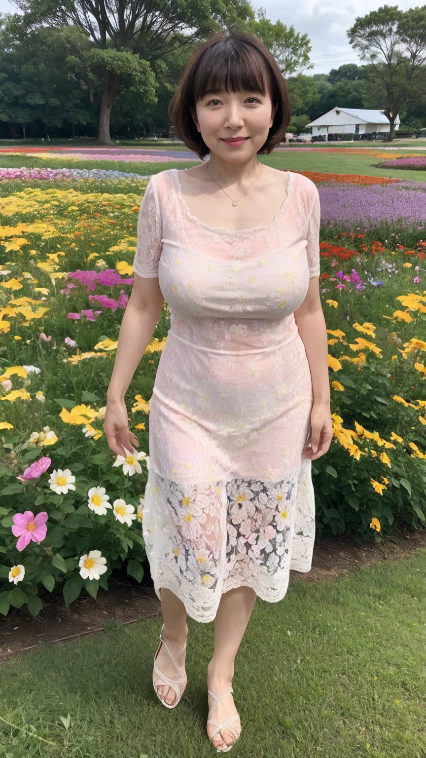 full body image, girl is beautiful, 50 years old, completely naked, Large round breasts, short long hair, Bangs, Field of colorful flowers, walk,