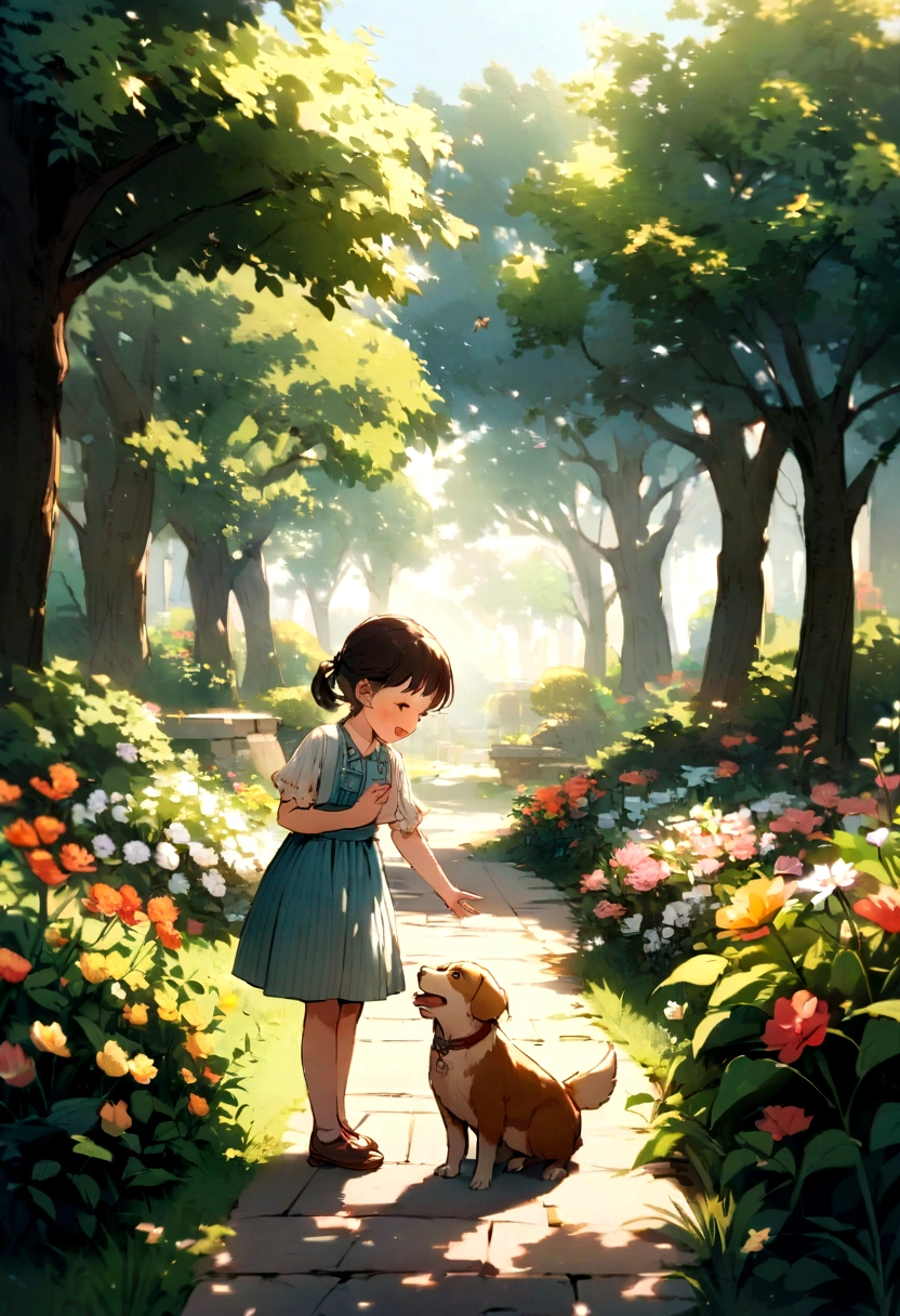Using artificial intelligence to create images with high levels of detail. This scene is meant to depict a happy child playing with his dog in the garden,The garden is dotted with bright flowers and lush trees. Birds must be flying in the sky, Increased the lively and joyful atmosphere of the scene. Be sure to capture the excitement and energy of their interactions with their loved ones., The natural beauty of the garden, To get the best details.