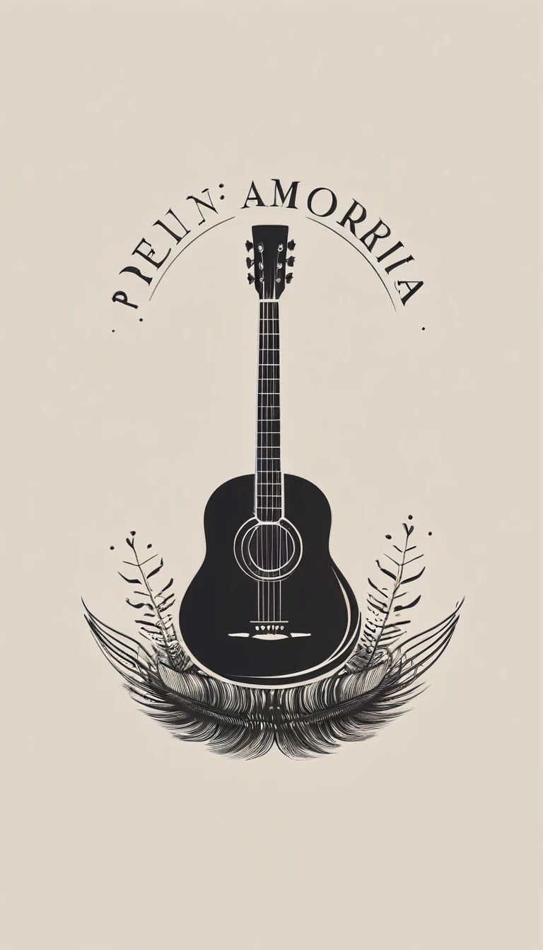 A minimal, modern, simple, cinematic logotype for the brand “Penamemoria". The logotype must be a simple, magical feather and a boy playing acoustic guitar. The logo must convey a sense of music, stories and dreams. Logo design impressed on a book cover. Minimalistic logo