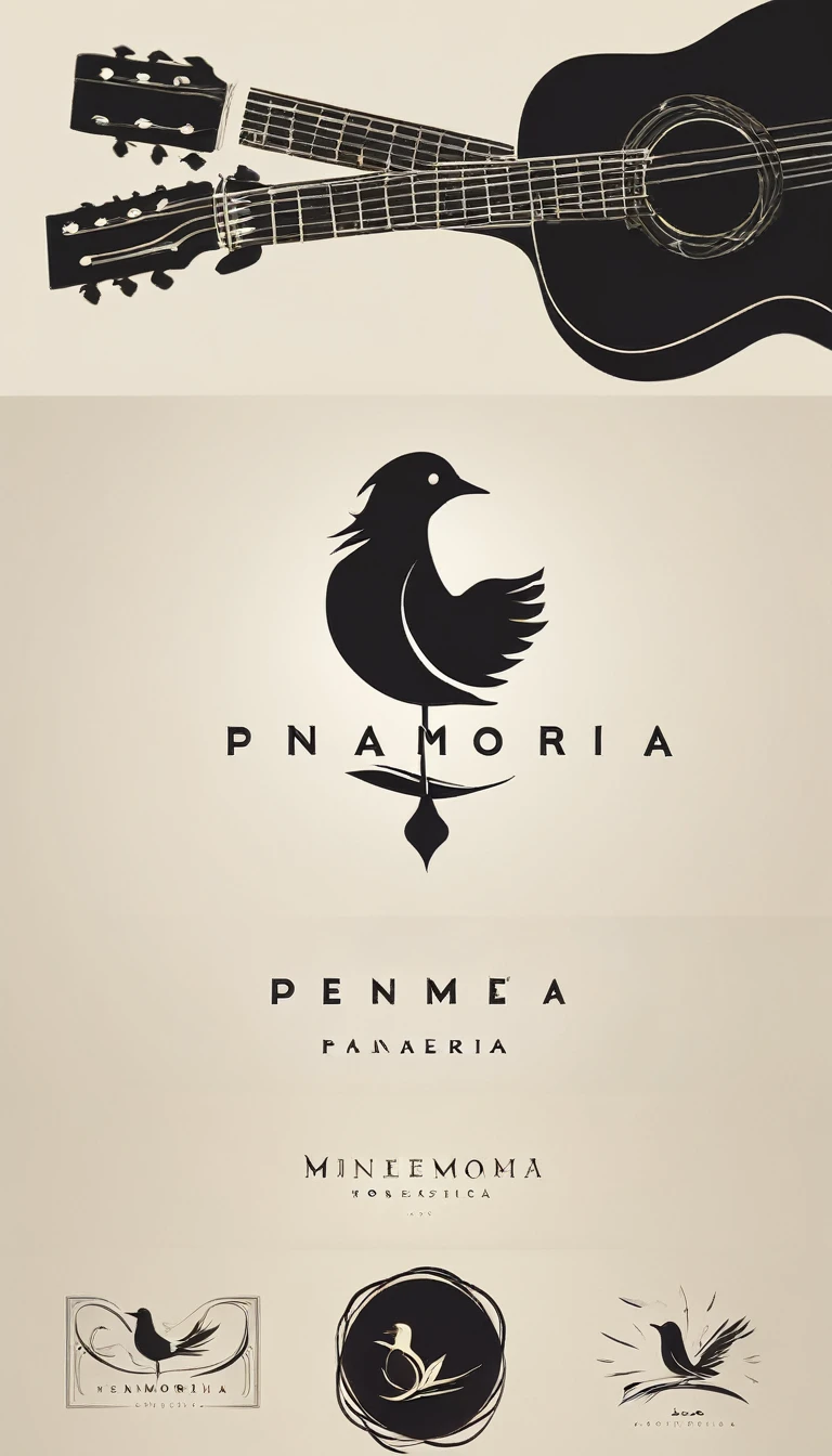 A minimal, modern, simple, cinematic logotype for the brand “Penamemoria". The logotype must be a simple, magical feather and a boy playing acoustic guitar. The logo must convey a sense of music, stories and dreams. Logo design impressed on a book cover. Minimalistic logo