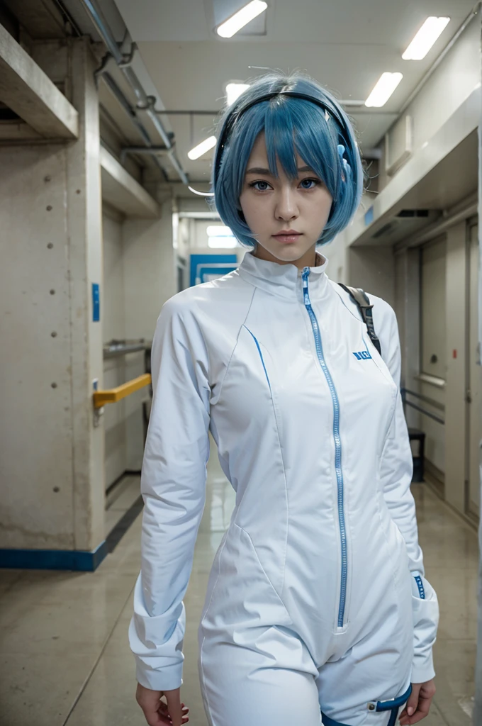 Rei ayanami, anime with blue hair, and wears white plugsuit
