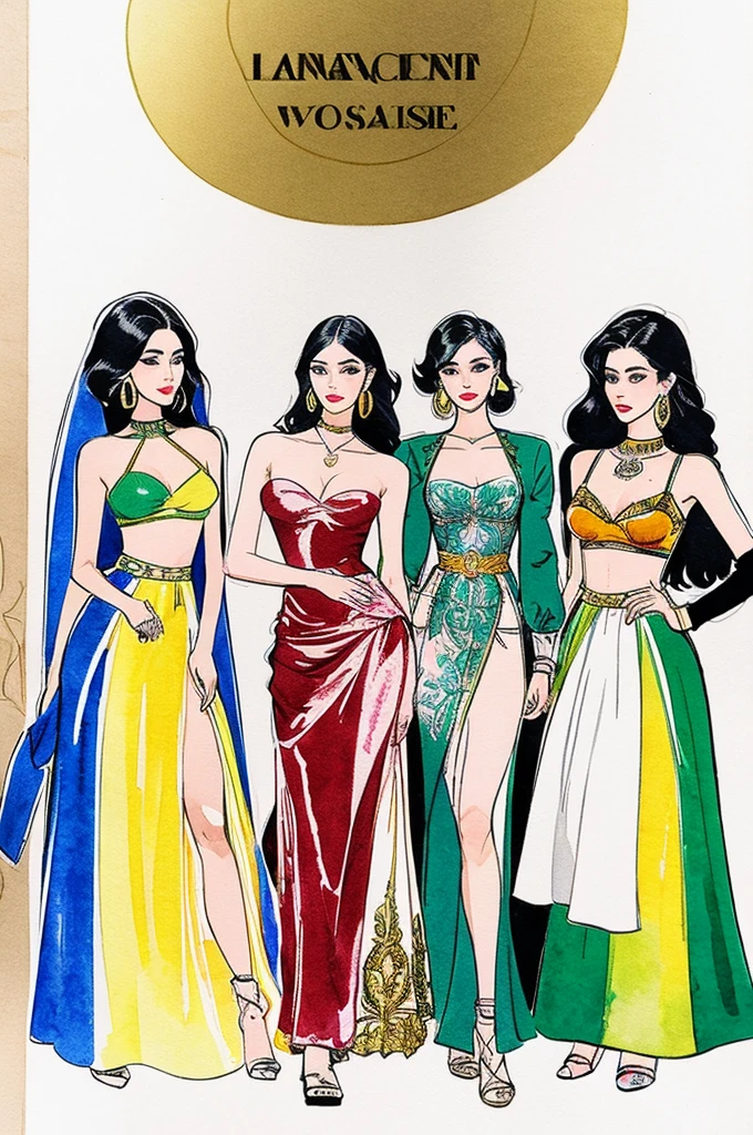 Model,abreast,4 people,illustration,time,watercolor,whole body,condescending,Stylish,Wear high-end brands,set,beautiful sexy woman, beautiful avant garde style, full length , beautiful clothes ,accessories , Traditional Thai Costumes collaboration with pride month, fashion design,colorful