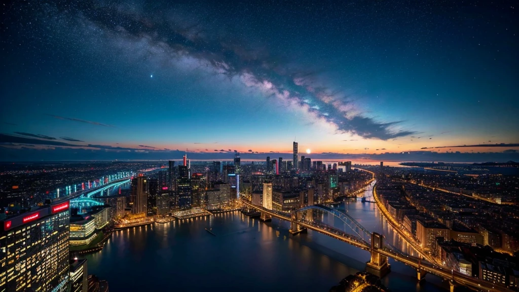Wonderful landscape、Highest quality、Cityscape、Including sky、Starry Sky、night、Big Moon、Moonlit cityscape、building、There are no people, Makoto Shinkai's Worldview, 8K quality, Neon glows, Breathtakingly beautiful scenery,