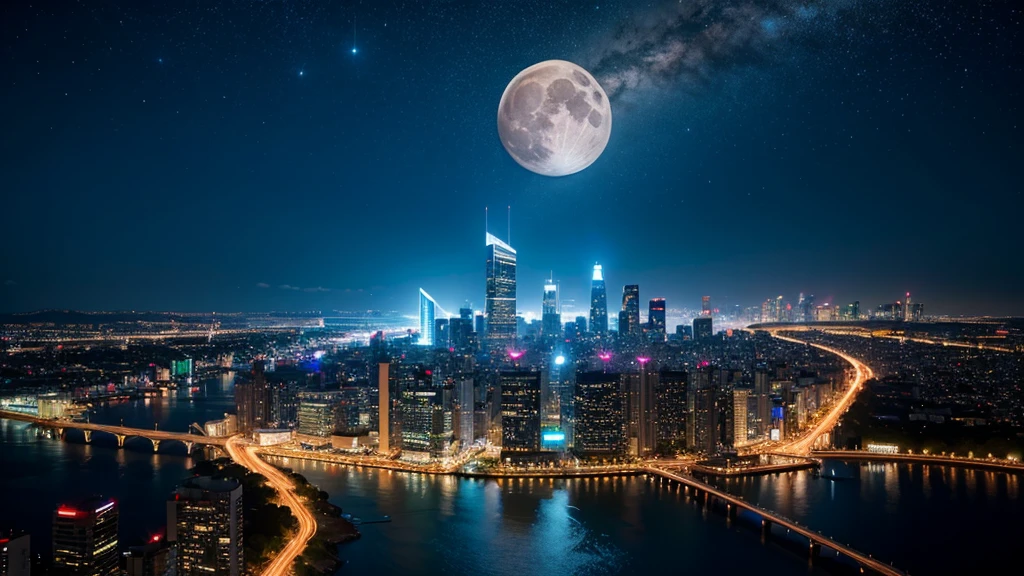 Wonderful landscape、Highest quality、Cityscape、Including sky、Starry Sky、night、Big Moon、Moonlit cityscape、building、There are no people, Makoto Shinkai's Worldview, 8K quality, Neon glows, Breathtakingly beautiful scenery,