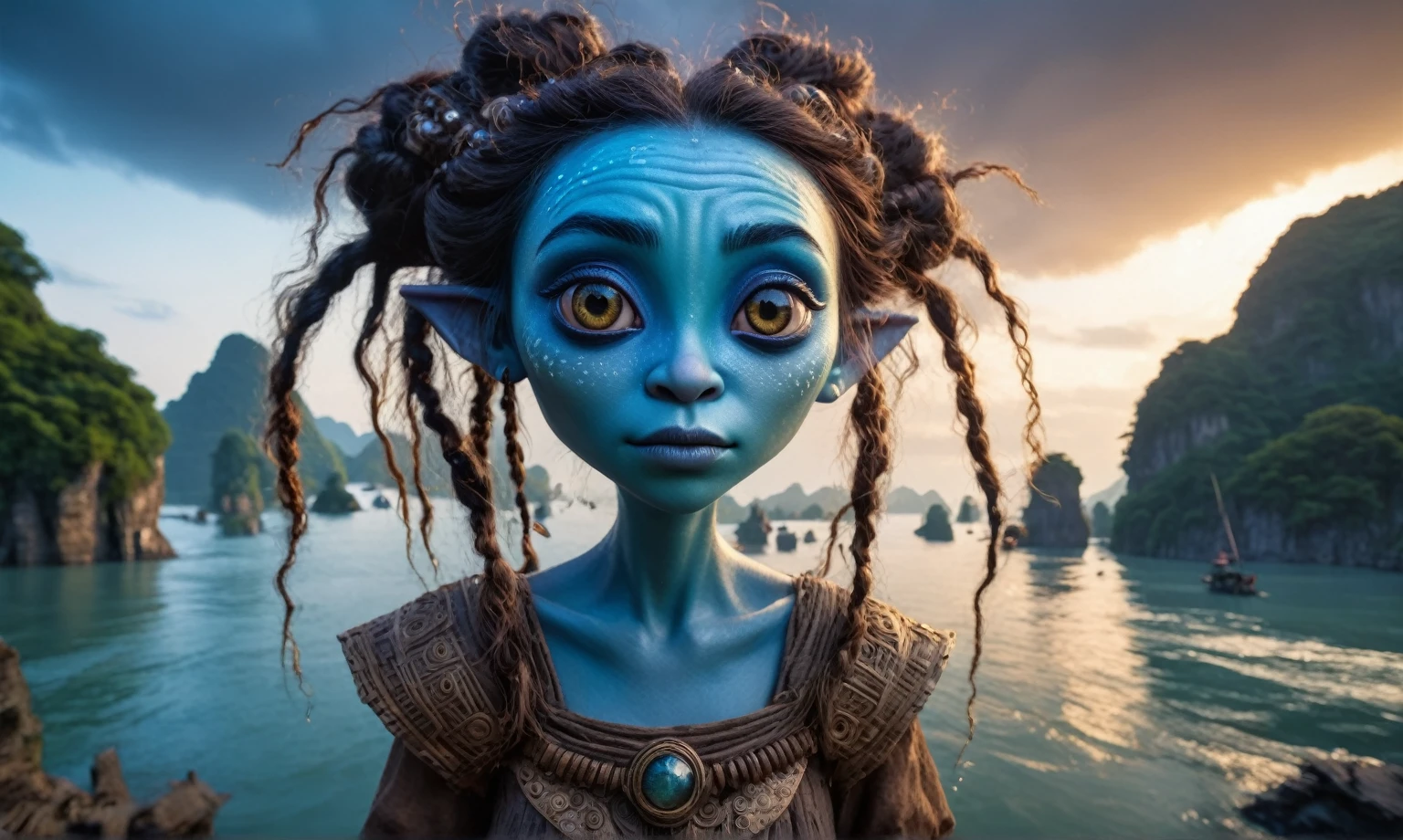 view from height,full-body-shot,niobium The Alien Entity Moana, sassiness temper,natural skin textures, hyper realisitc, hyper detailed,Extremely detailed,High contrast, ,Realistic,Ultra Detailed,intricate details,realistic humid skin,extremely intricate,Epic Realistic, Romantic, cinematic style,irina yermolova, messy hair,luminous eyes,extremely detailed, [night landscape],masterpiece,intricate details,faded,eyes extremely detailed, high detailed eyes,32k resolution, Nikon Z9,orc's village of fishers on Li River in  National Forest Park,full body length,mother-of-bismuth TAUN WE from star wars,ominous landscape,flying islands on background in dangerous atmosphere,intricate details,realistic humid skin,extremely intricate details,anatomically correct,faded,eyes extremely detailed, high detailed eyes,UHD,Retina,HDR,natural skin textures, hyper realism, hyper detailed,High contrast,Realism,Ultra Detailed,irina yermolova,close full body shot, masterpiece,faded,32k resolution, Nikon Z9,sunset, a Tim Burton-inspired dreamscape,Bun Hair,(Folk clothes:1.5),Mestichino,Light particles,marble's leather 