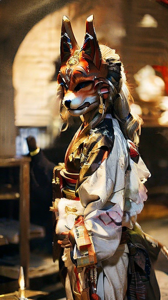 woman、The head of a fox、 The face is like a fox、The body is a kimono、Japan、outside、Beautiful views