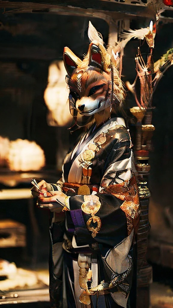 woman、The head of a fox、 The face is like a fox、The body is a kimono、Japan、outside、Beautiful views