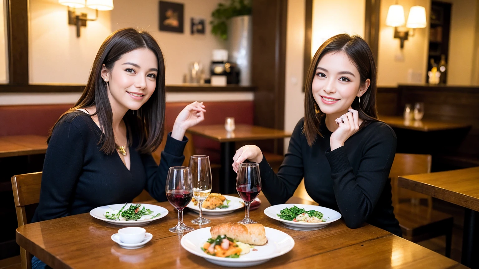 ((Highest quality、8K、masterpiece:1.3))、1 male、1 female、spouse、Beautiful couple、smile、 (Slim face), (the body is スリム), (Brown Hair), (Shortcuts), ((Bob Hale、Straight hair:1.2)), テーブルの上のwine glass、Please shine a light on my face、 Amazing view of the sunset sky and clouds、Amazing mountain views、smileの美しさ、Bright image、Blushing, Shortcuts,Bright Face、 (42 years old), 39 years old, red wine 、Appetizers、Italian food、Wine bottle、Champagne、sparkling wine、Long sleeve shirt、dress、Attractive beauty、restaurant, Nova Frog Style, actress, model, Upper Body, White wine, red wine, wine glass,
