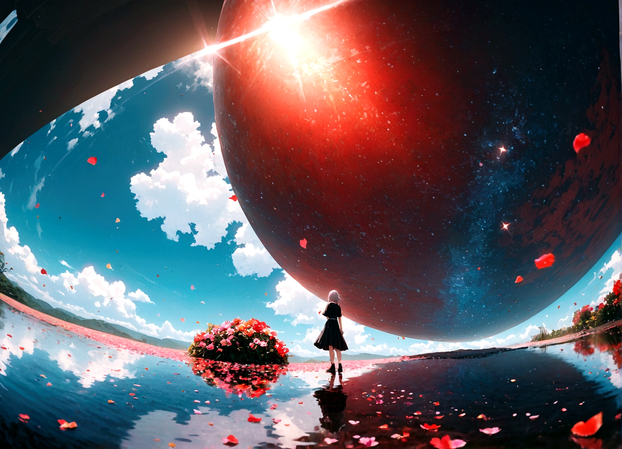 (woman\(student, 15 years old, JK, Short silver hair floating, Space-colored eyes, school black uniform, Pale skin, Tired face、lack of shine in the eyes\) Looking up at the sky), (Many shiny red scale goldfish swimming in the air), (Transparent bubbles, like those in water, sparkle here and there in the sky.), Beautiful sky, Beautiful Clouds, There is a puddle on the ground、The scenery is beautifully reflected, Colorful summer flowers are blooming everywhere., You can feel the wind blowing through the colorful petals., There is a noon moon and a noon star in the sky,From below, break ,quality\(8K,非常に精細なCGユニットのwallpaper, masterpiece,High resolution,top-quality,top-quality real texture skin,Surreal,Increase the resolution,RAW Photos,最高quality,Very detailed,wallpaper,Cinema Lighting,Ray-tracing,Golden Ratio\),