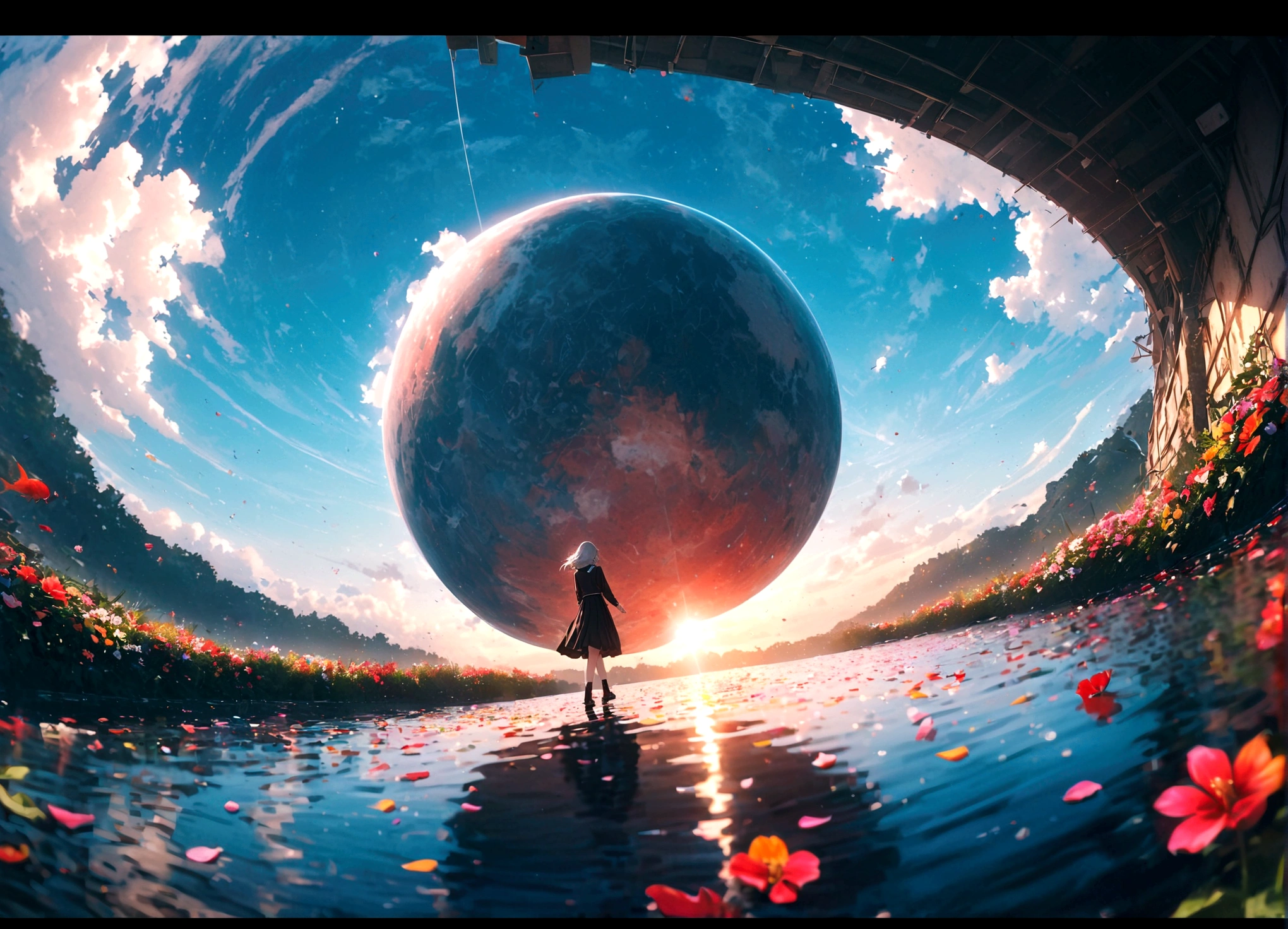 (woman\(student, , JK, Short silver hair floating, Space-colored eyes, school black uniform, Pale skin, Tired face、lack of shine in the eyes\) Looking up at the sky), (Many shiny red scale goldfish swimming in the air), (Transparent bubbles, like those in water, sparkle here and there in the sky.), Beautiful sky, Beautiful Clouds, There is a puddle on the ground、The scenery is beautifully reflected, Colorful summer flowers are blooming everywhere., You can feel the wind blowing through the colorful petals., There is a noon moon and a noon star in the sky,From below, break ,quality\(8K,非常に精細なCGユニットのwallpaper, masterpiece,High resolution,top-quality,top-quality real texture skin,Surreal,Increase the resolution,RAW Photos,最高quality,Very detailed,wallpaper,Cinema Lighting,Ray-tracing,Golden Ratio\),