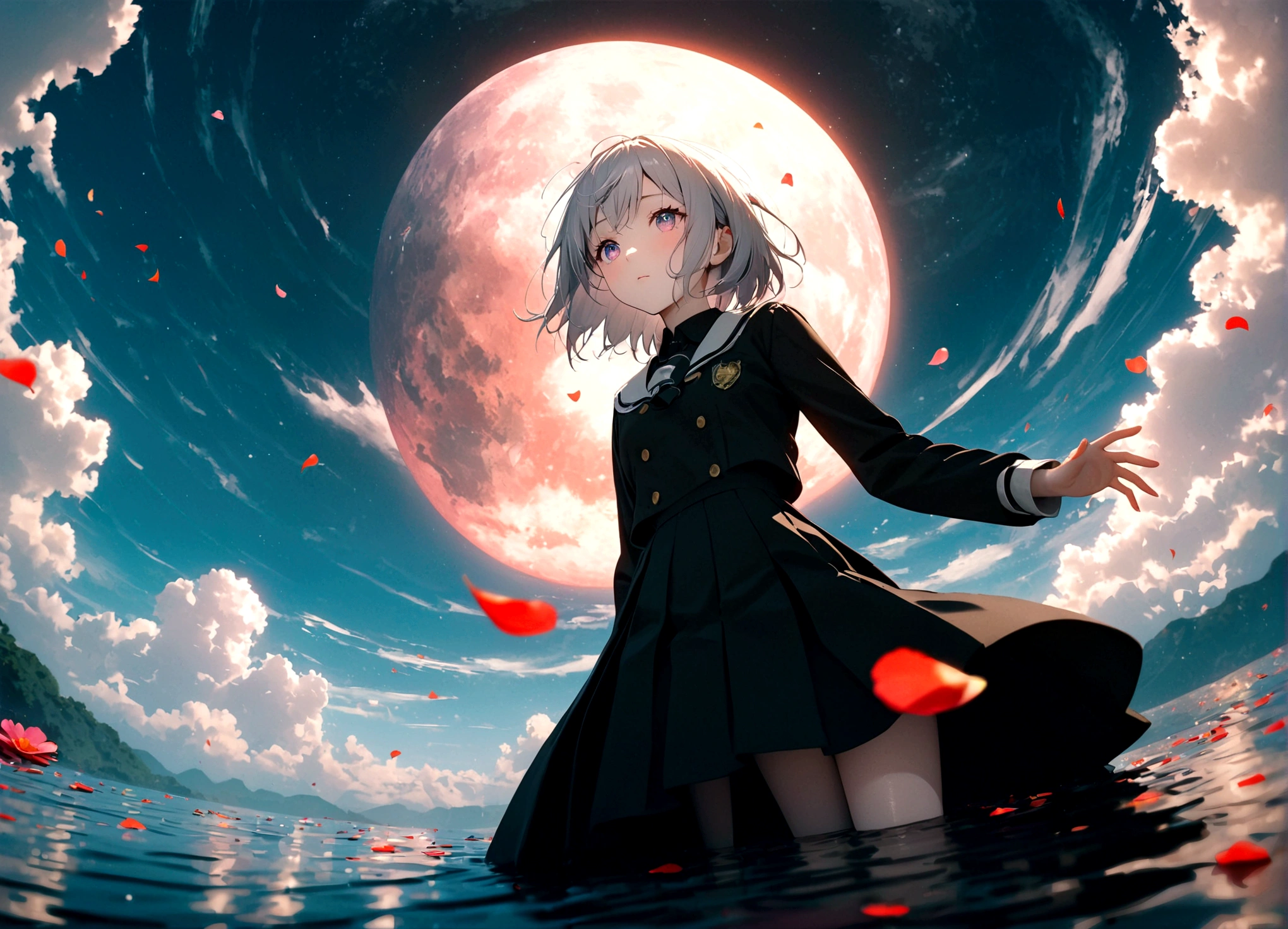 (woman\(student, 15 years old, JK, Short silver hair floating, Space-colored eyes, school black uniform, Pale skin, Tired face、lack of shine in the eyes\) Looking up at the sky), (Many shiny red scale goldfish swimming in the air), (Transparent bubbles, like those in water, sparkle here and there in the sky.), Beautiful sky, Beautiful Clouds, There is a puddle on the ground、The scenery is beautifully reflected, Colorful summer flowers are blooming everywhere., You can feel the wind blowing through the colorful petals., There is a noon moon and a noon star in the sky,From below, break ,quality\(8K,非常に精細なCGユニットのwallpaper, masterpiece,High resolution,top-quality,top-quality real texture skin,Surreal,Increase the resolution,RAW Photos,最高quality,Very detailed,wallpaper,Cinema Lighting,Ray-tracing,Golden Ratio\),