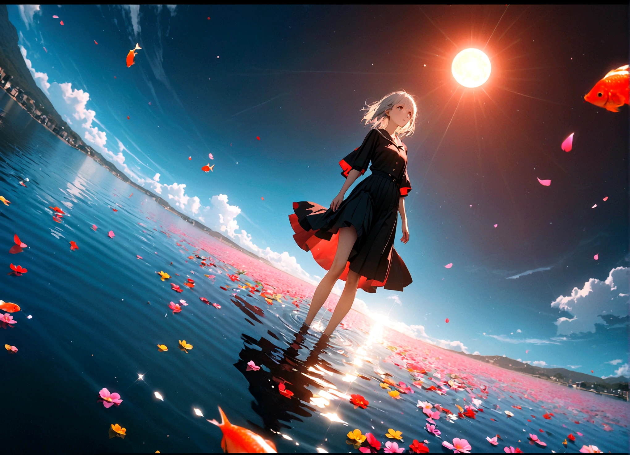 (woman\(student, 15 years old, ＪＫ, Short silver hair floating, Space-colored eyes, school black uniform, Pale skin, Tired face、lack of shine in the eyes\) Looking up at the sky), (Many shiny red scale goldfish swimming in the air), (Transparent bubbles, like those in water, sparkle here and there in the sky.), Beautiful sky, Beautiful Clouds, There is a puddle on the ground、The scenery is beautifully reflected,  Colorful summer flowers are blooming everywhere., You can feel the wind blowing through the colorful petals., There is a noon moon and a noon star in the sky,From below, break ,quality\(8K,非常に精細なCGユニットのwallpaper, masterpiece,High resolution,top-quality,top-quality real texture skin,Surreal,Increase the resolution,RAW Photos,最高quality,Very detailed,wallpaper,Cinema Lighting,Ray-tracing,Golden Ratio\),