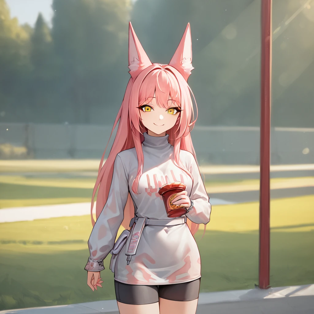 score_9, score_8_superior, score_7_superior, sauce_Anime BREAK 1 Girl, alone, Are standing, Wide Hips, smile, Leona, Pink Hair, Long Hair, Animal ears, Yellow Eyes, Removable sleeves, See-through sweater, turtleneck, Sweater dress, Play sports often, White Belt, Spandex Shorts, View your viewers