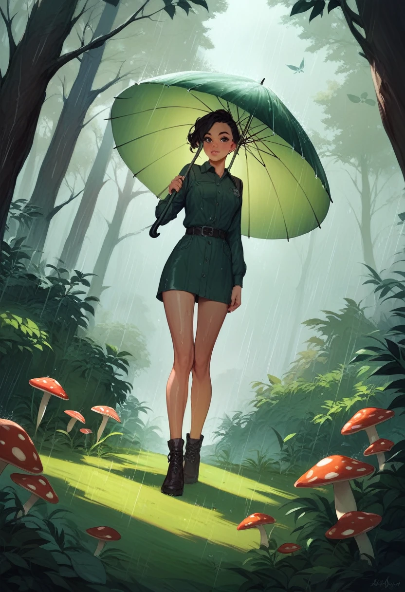detailed, 8K, Movie angle, in the rain、A fairy woman holding a mushroom umbrella stands in the forest。.